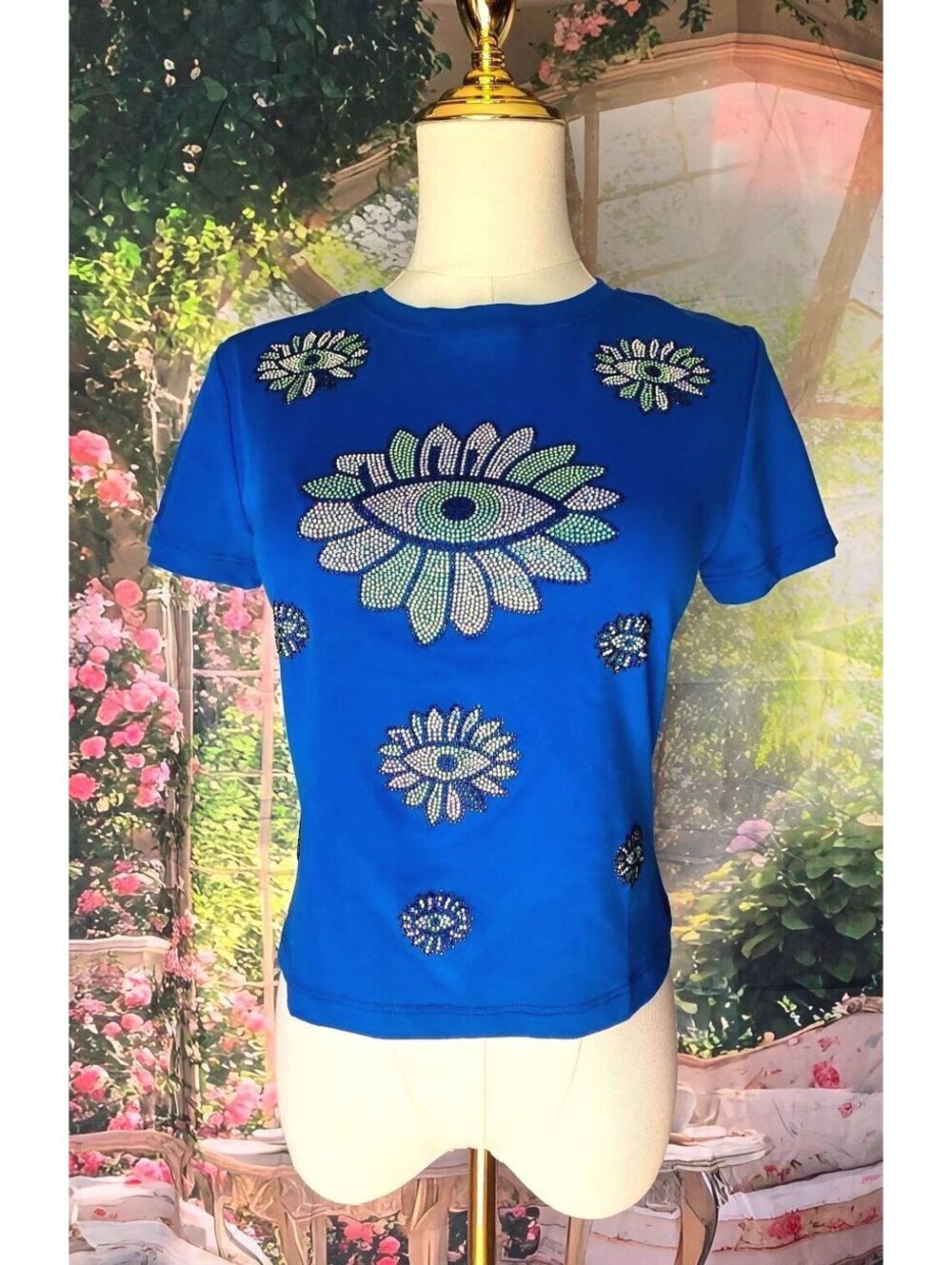 G8 Moda Crystal beaded eye blue top new L/XL